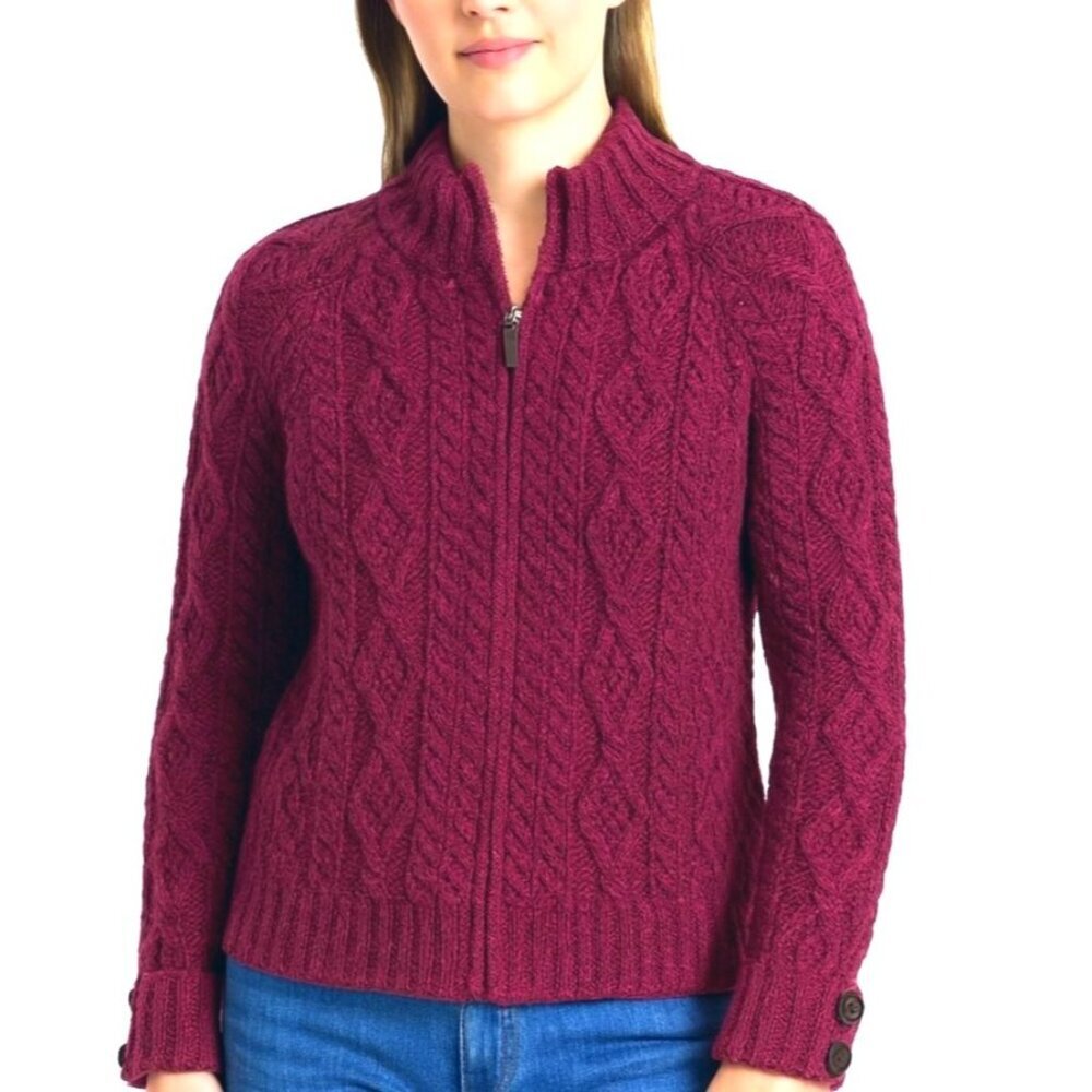 Inis Crafts Merino Wool Aran Cable Knit Zip Cardigan Sweater